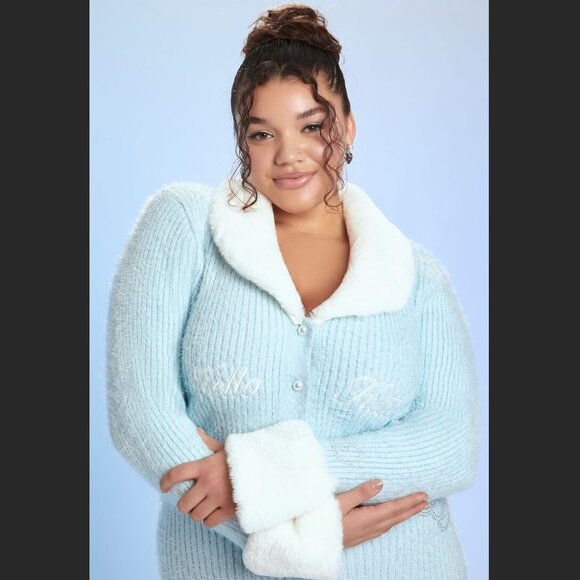 Forever 21 Sanrio Faux Fur Blue Hello Kitty Cardigan Sweater Size